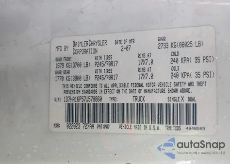 2007 Dodge Ram 1500 St z USA, uszkodzony, nr VIN 1D7HA16P57J578860